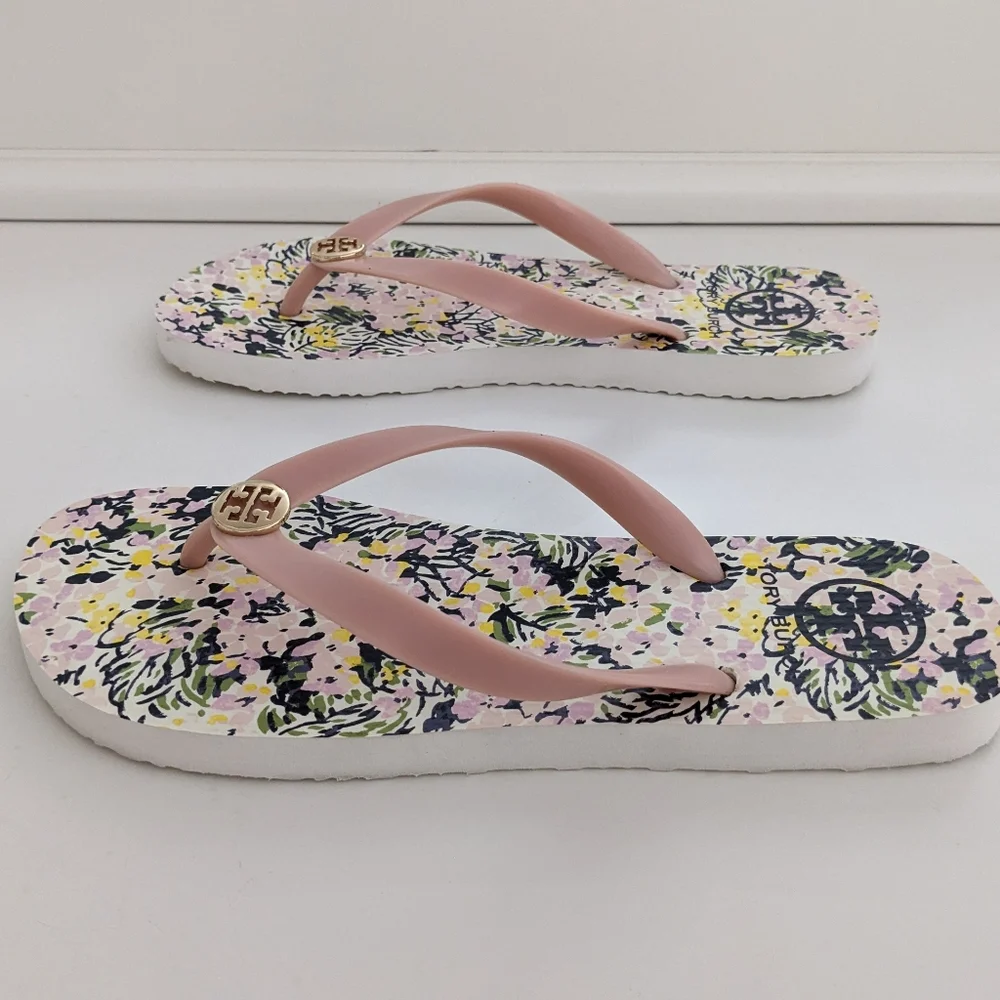 EUC! Tory Burch Flip Flop Sandal In Pink Quartz Flower Field Size 8 - Picture 5 of 15